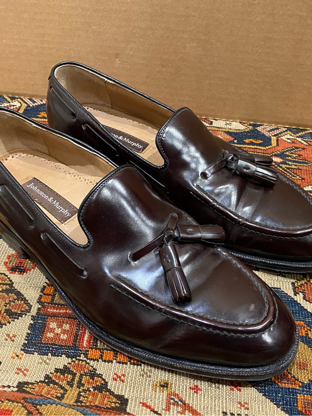 Johnston & Murphy Dark Burgundy Brown Leather Tassel Slip-On Loafers